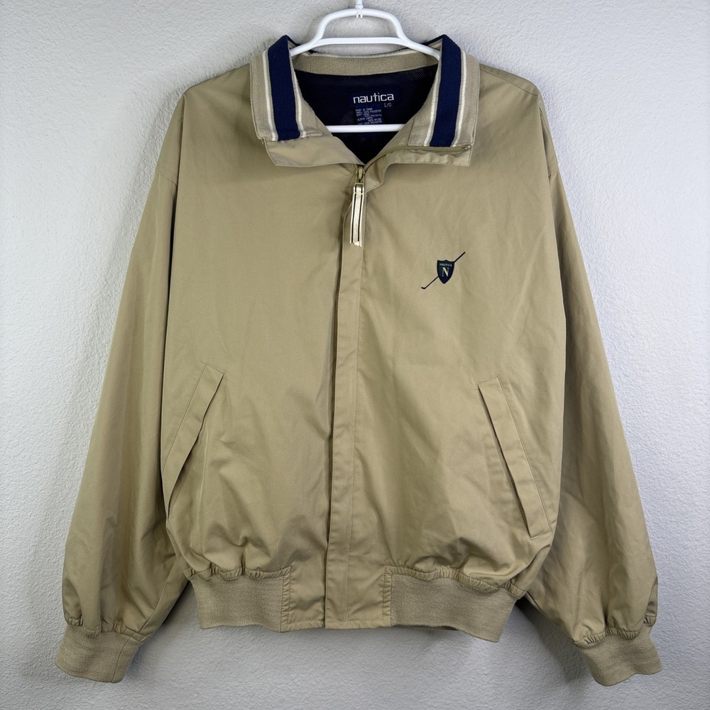 VTG Nautica Harrington Bomber Jacket mesh Lined Coastal Gold Logo Mens L